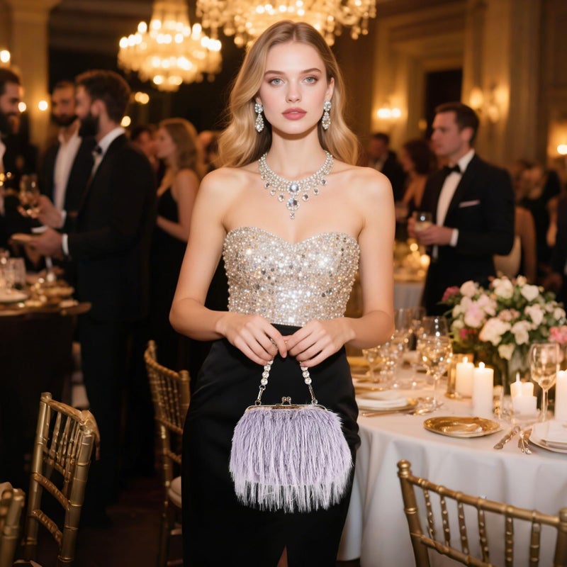 FeelfunFeather Women Clutch Purses,Fluffy Feather Evening Handbags for Wedding Party Banquet Prom Crossbody Bag with Detachable Chain(Light Purple) - Image 2