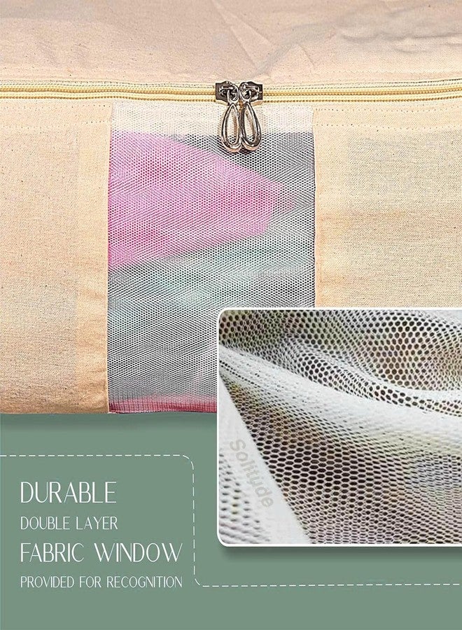 Solitude 3 Pcs Cotton Canvas Clothes Storage Bags/Saree Covers with Zip for Wardrobe Storage Organizer Specially Transparent Net Window Design for Woman Dresses, Sarees, Lehengas (43 x 36 x 19 CM) - Image 5