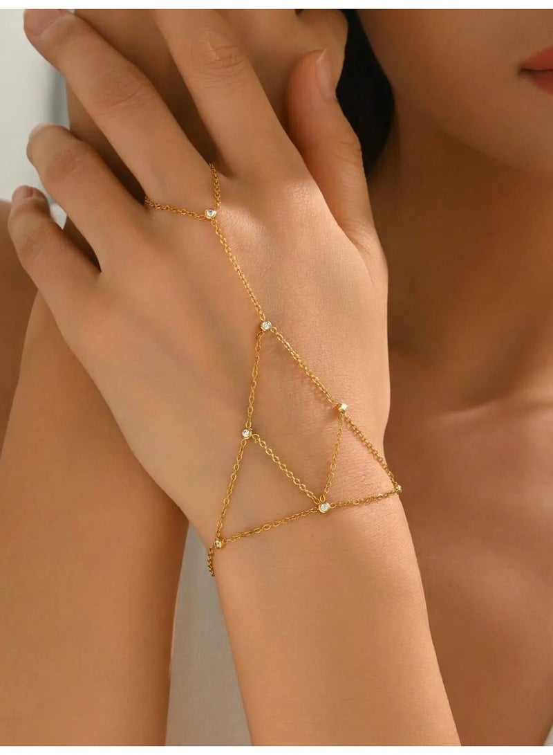 1pc 18K Gold Plated Zirconia Stainless Steel Hand Chain, Suitable For Women's Daily Wear And Gift - Image 1