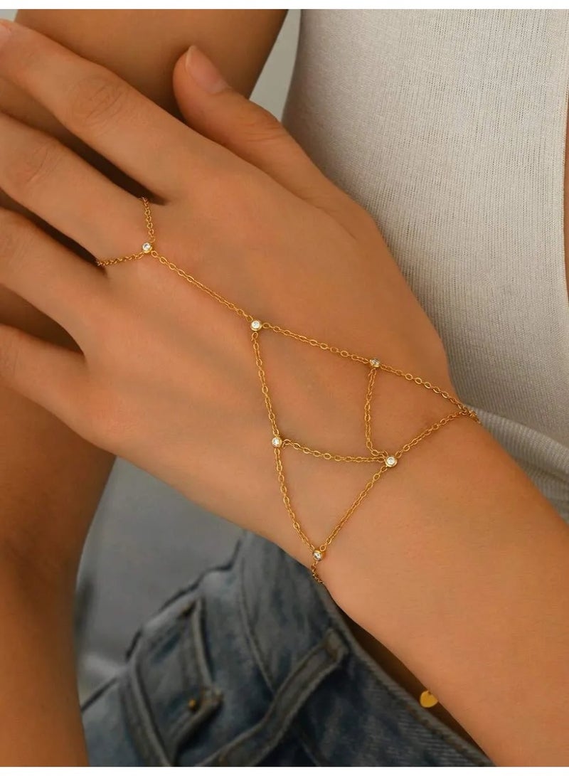 1pc 18K Gold Plated Zirconia Stainless Steel Hand Chain, Suitable For Women's Daily Wear And Gift - Image 2