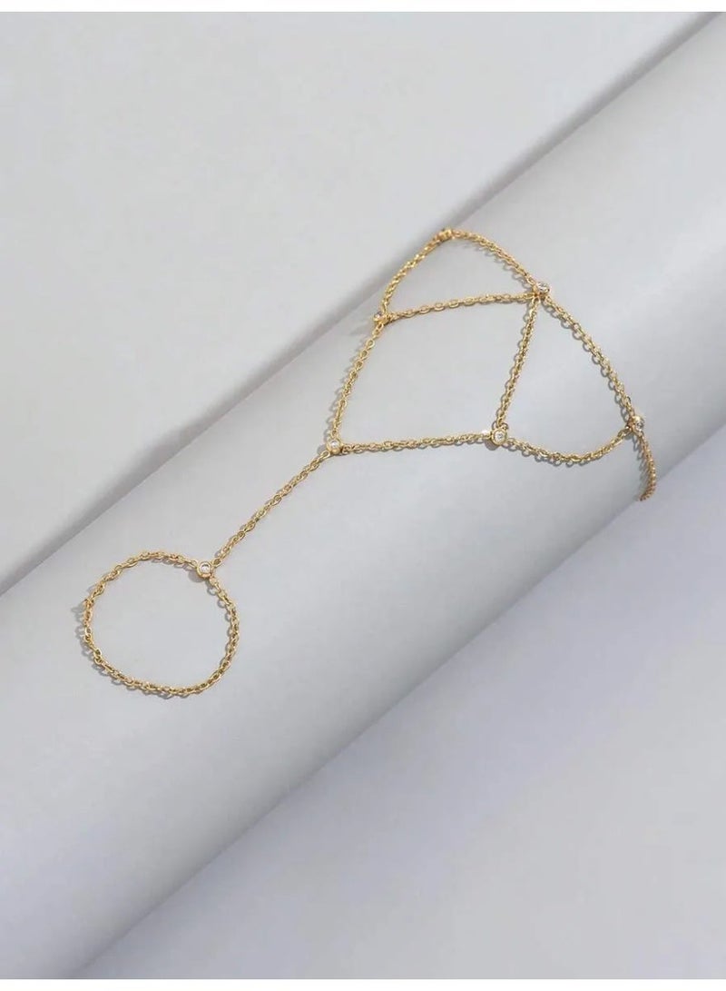 1pc 18K Gold Plated Zirconia Stainless Steel Hand Chain, Suitable For Women's Daily Wear And Gift - Image 4