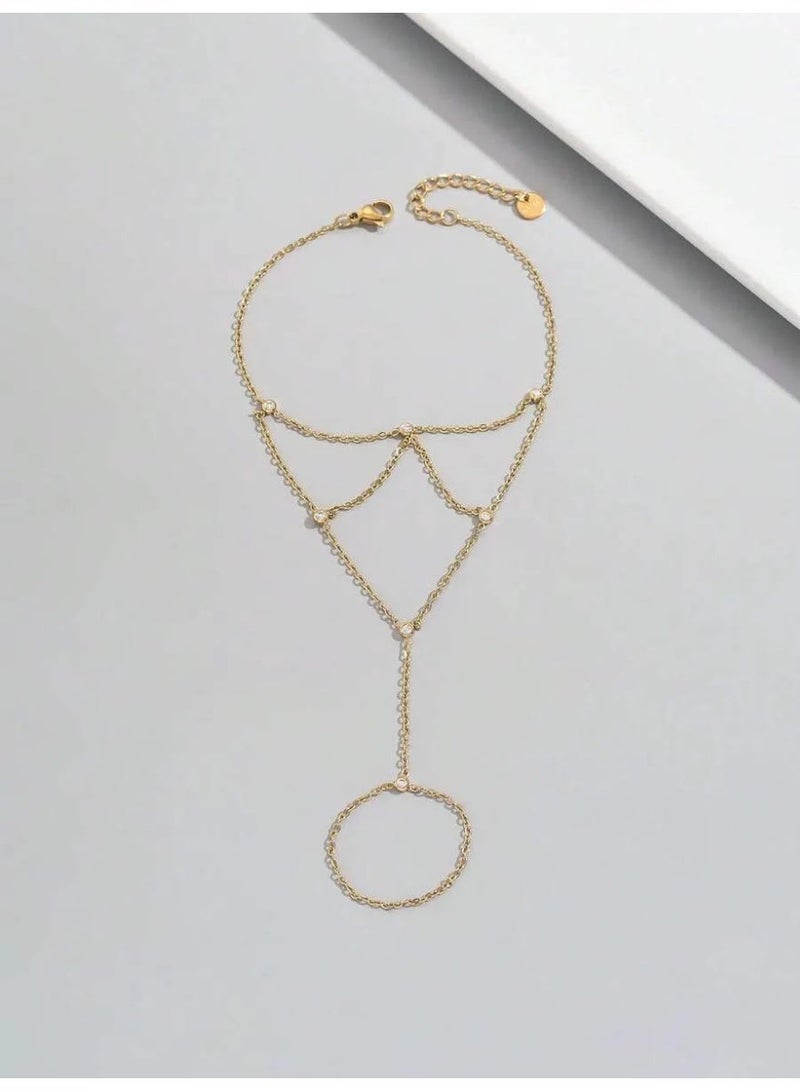 1pc 18K Gold Plated Zirconia Stainless Steel Hand Chain, Suitable For Women's Daily Wear And Gift - Image 3