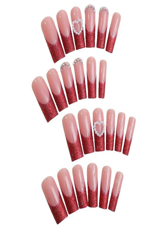 CTTHNBD Press On Nails Long Square Fake Glossy Glitter with Rhinestone & Pearl - French Tip Glue on Nails - Artificial, Valentines Day, Acrylic - 24Pcs - Image 4