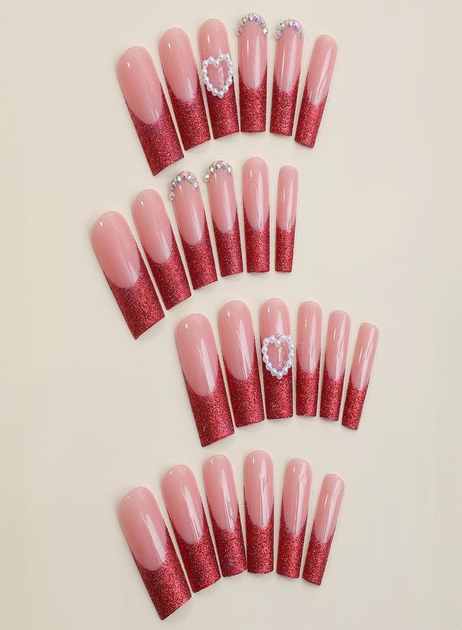 CTTHNBD Press On Nails Long Square Fake Glossy Glitter with Rhinestone & Pearl - French Tip Glue on Nails - Artificial, Valentines Day, Acrylic - 24Pcs - Image 2