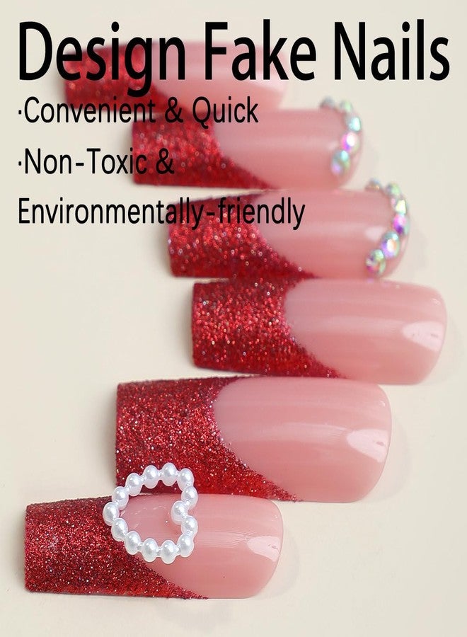 CTTHNBD Press On Nails Long Square Fake Glossy Glitter with Rhinestone & Pearl - French Tip Glue on Nails - Artificial, Valentines Day, Acrylic - 24Pcs - Image 3