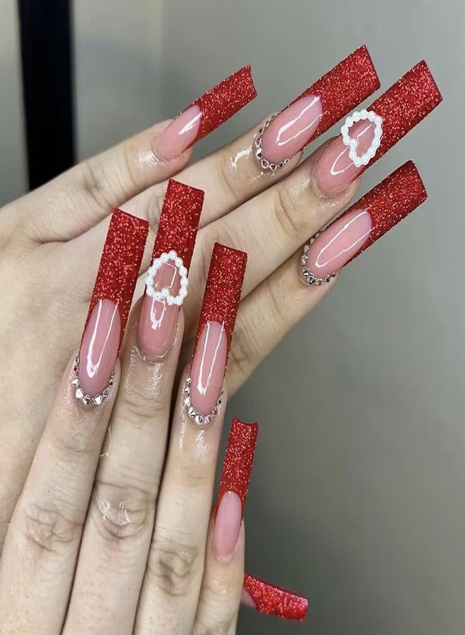 CTTHNBD Press On Nails Long Square Fake Glossy Glitter with Rhinestone & Pearl - French Tip Glue on Nails - Artificial, Valentines Day, Acrylic - 24Pcs - Image 1