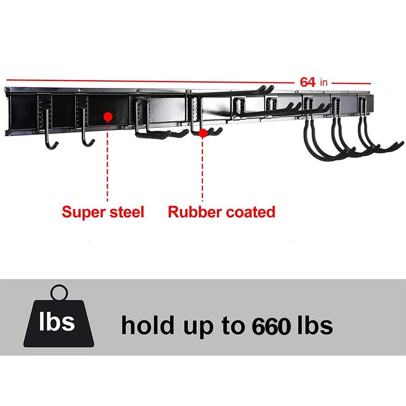 Ultrawall 13 قطعة رف تخزين الأدوات 64 بوصة قابل للتعديل منظمة المرآب نظام تخزين مثبت على الحائط مع 9 خطافات شديدة التحمل من الفولاذ منظم أدوات الحديقة حوامل الحائط - Image 2