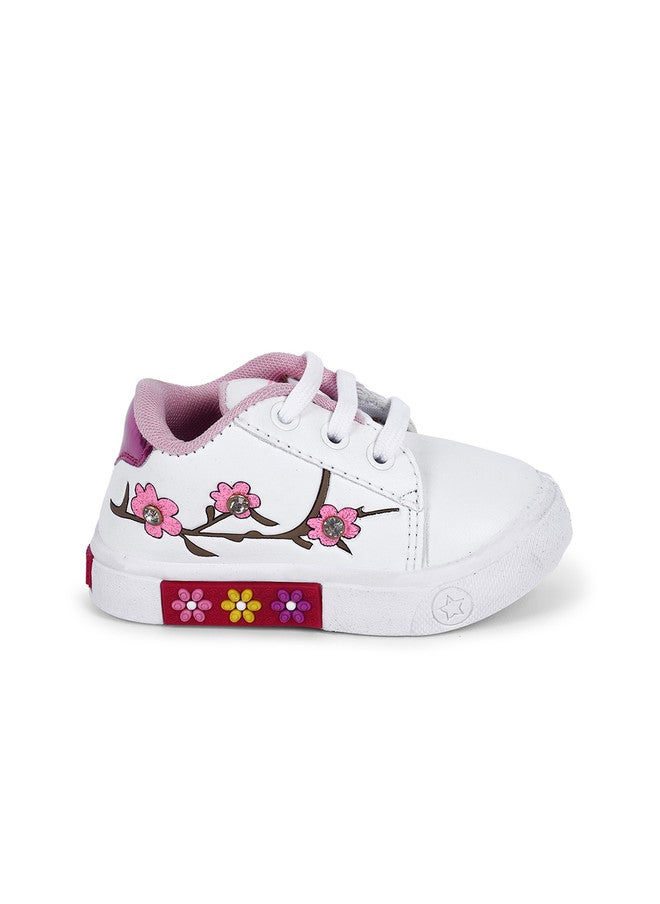 KATS Girls Printed Lightweight Lace-up Sneakers in White and Pink - Image 3
