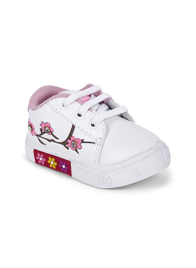 KATS Girls Printed Lightweight Lace-up Sneakers in White and Pink - Image 2