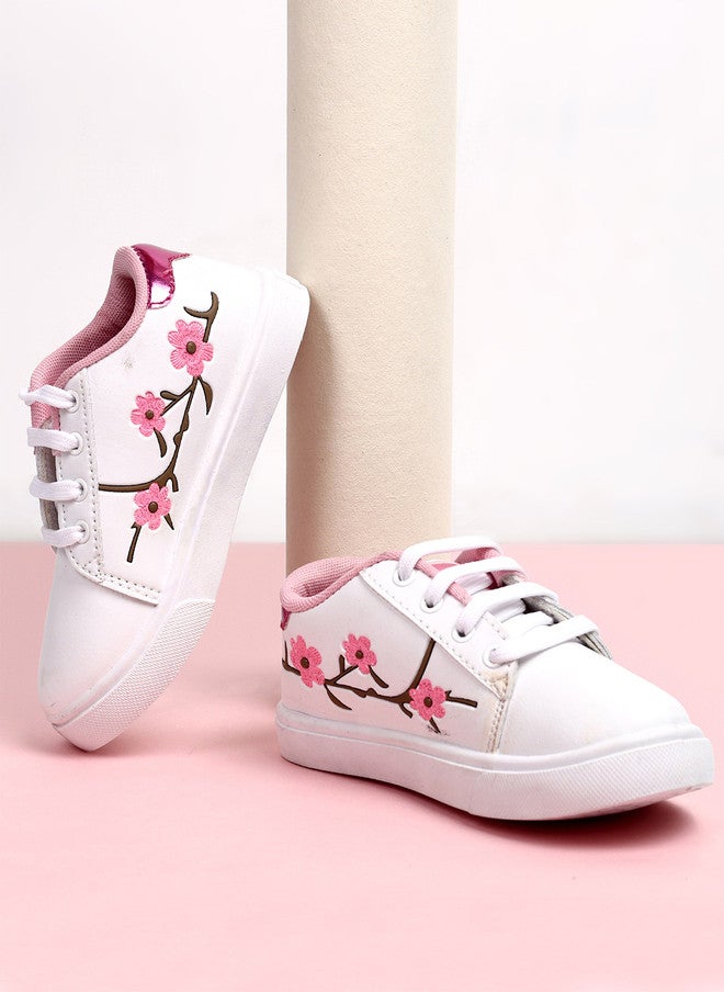 KATS Girls Printed Lightweight Lace-up Sneakers in White and Pink - Image 1