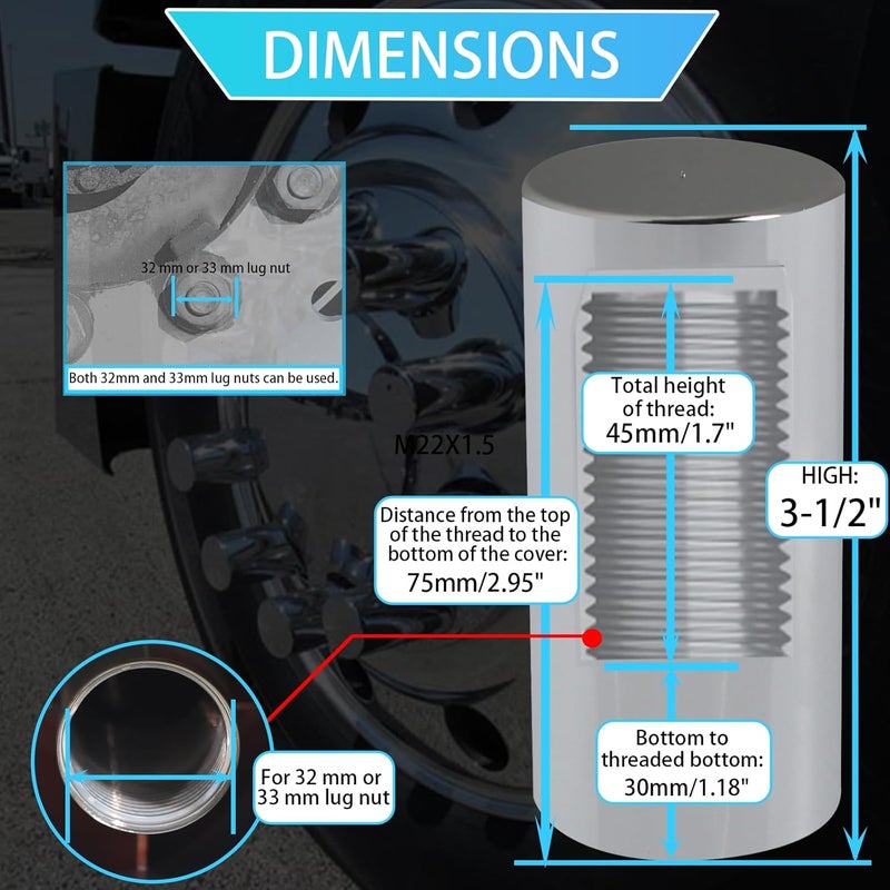 iBroPrat 33mm Thread On Flat Top Cylinder Lug Nut Covers - 20pcs ABS Chrome Plastic for Semi Trucks - Image 3