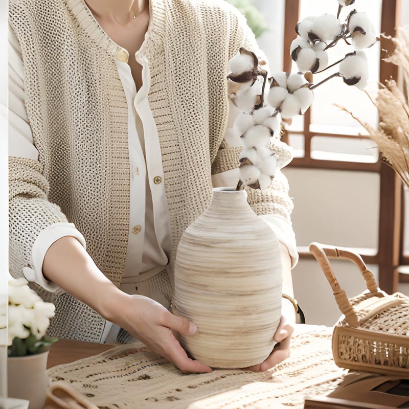 ALMA 9 Inch White Boho Vase for Modern Farmhouse|Ceramic Pampas Grass Vase|Decorative Rustic Vase for Home Decor  Modern Farmhouse  Coffee Table  Shelf  Mantel Decor - Image 2