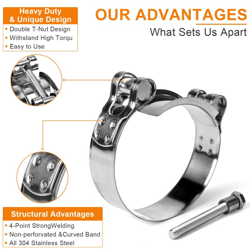 Sieqioor T-Bolt Hose Clamps 304 Stainless Steel (36-39mm 4-Pack) - Heavy Duty Adjustable Clamp for Automotive, Plumbing & Industrial Pipes - Corrosion Resistant, Secure Seal - Image 4