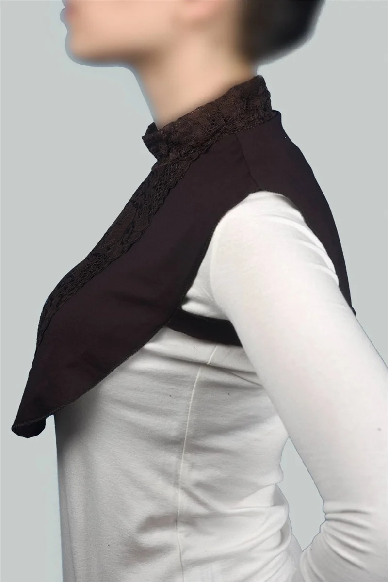 التوبة Women's Combed Cotton Hijab Circle Collar Lace Neck Collar - Dark Brown