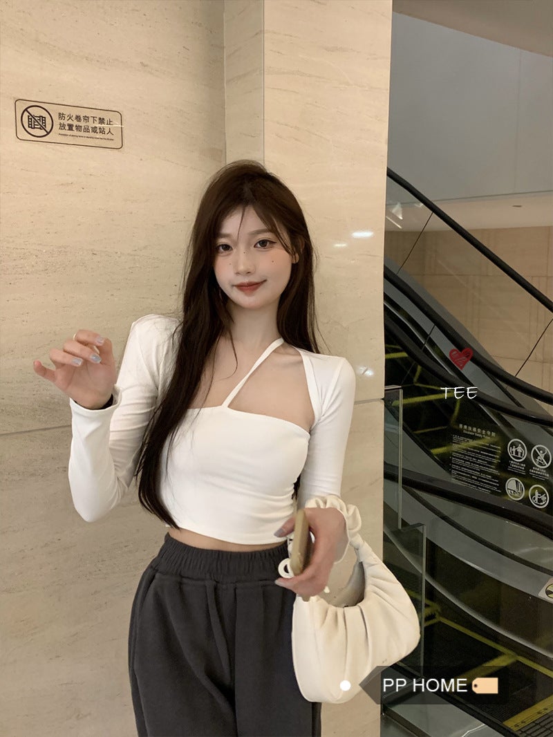 Autumn pure desire style T-shirt women's simple casual all-match slim-fit halter stitching fake two-piece top bottoming shirt women's fashion - Image 2