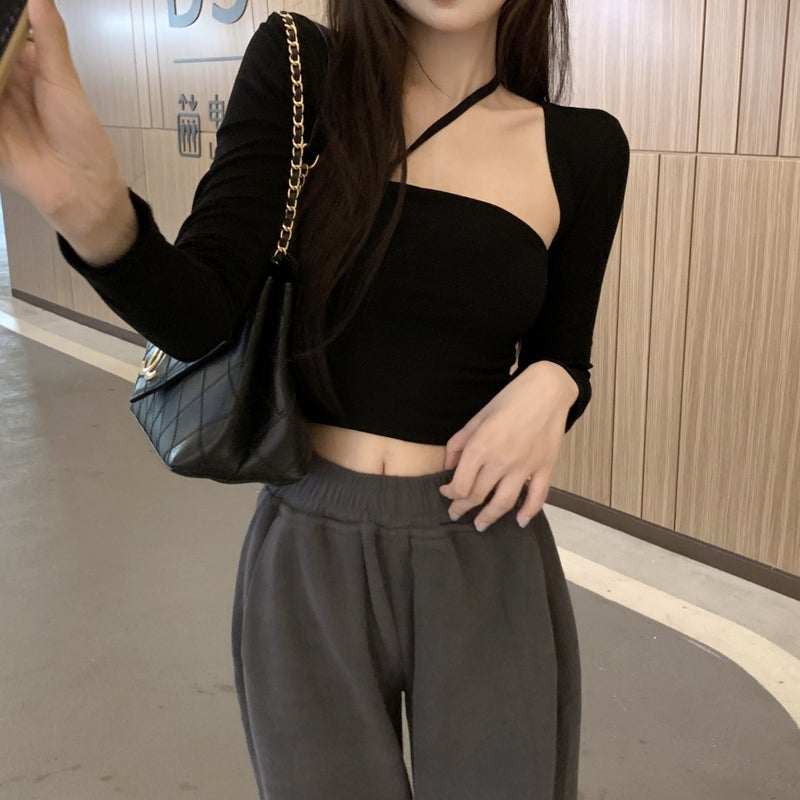 Autumn pure desire style T-shirt women's simple casual all-match slim-fit halter stitching fake two-piece top bottoming shirt women's fashion - Image 1