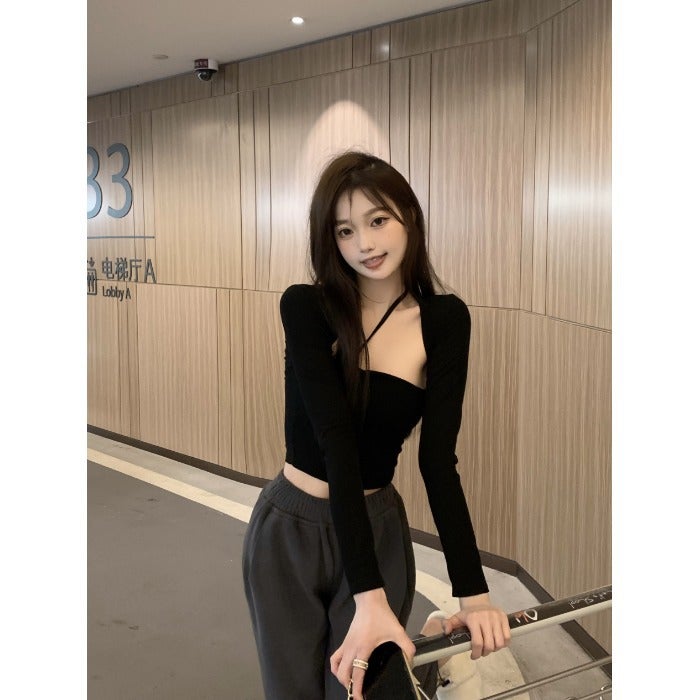 Autumn pure desire style T-shirt women's simple casual all-match slim-fit halter stitching fake two-piece top bottoming shirt women's fashion - Image 4
