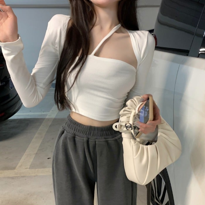 Autumn pure desire style T-shirt women's simple casual all-match slim-fit halter stitching fake two-piece top bottoming shirt women's fashion - Image 5