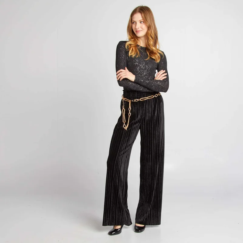 Kiabi Wide-Leg Pleated Velvet Trousers Black