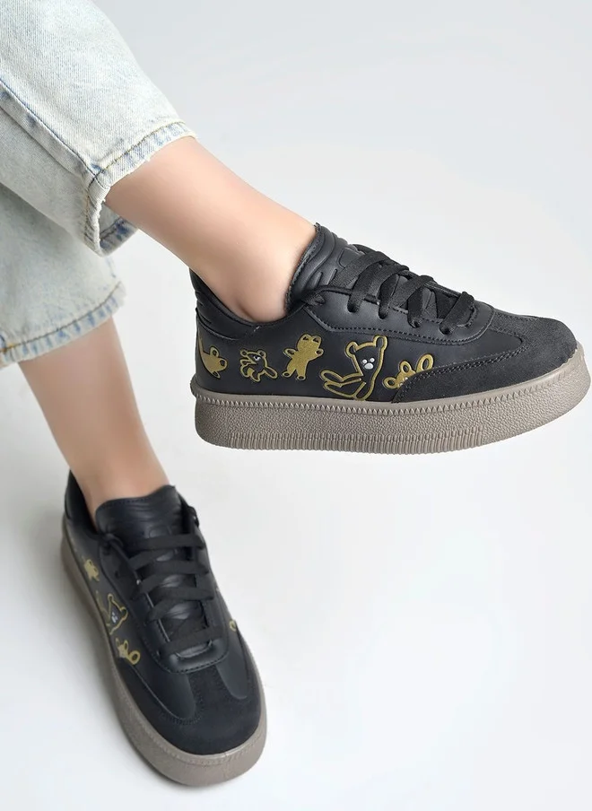 شوتوبيا Shoetopia Women's Printed Black Sneakers with Chunky Sole