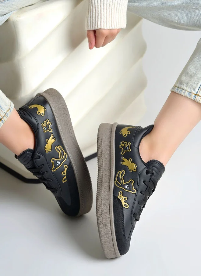 شوتوبيا Shoetopia Women's Printed Black Sneakers with Chunky Sole