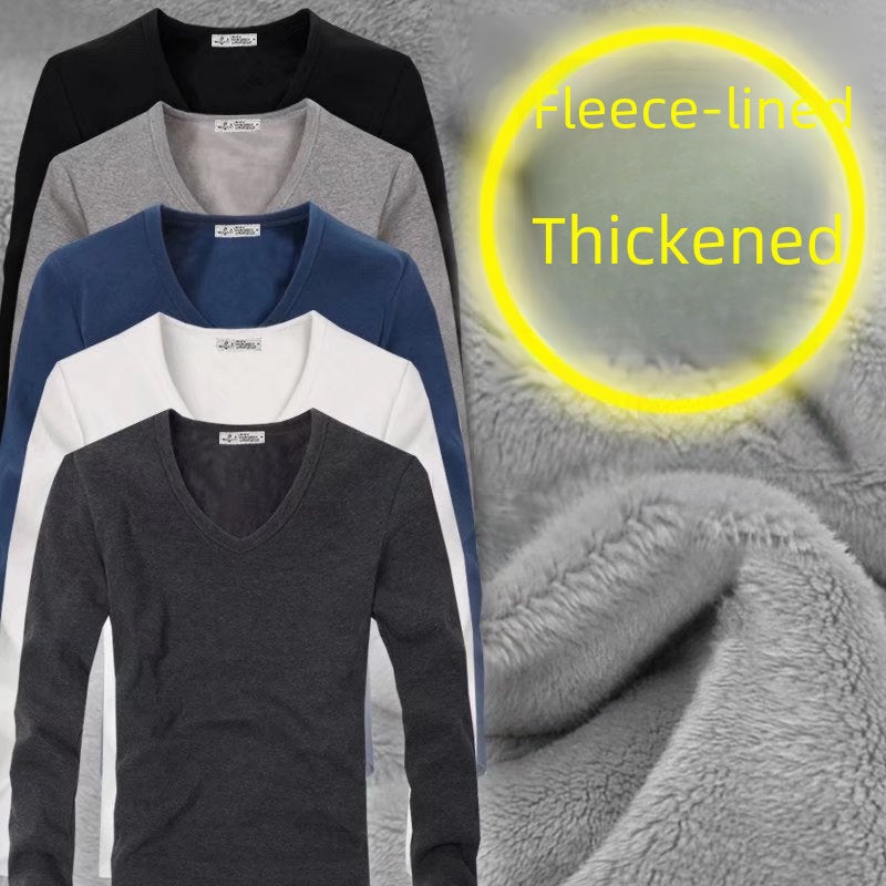 Mens Thickened Fleece Lined V-Neck T-Shirt Black V-neck  - Image 4