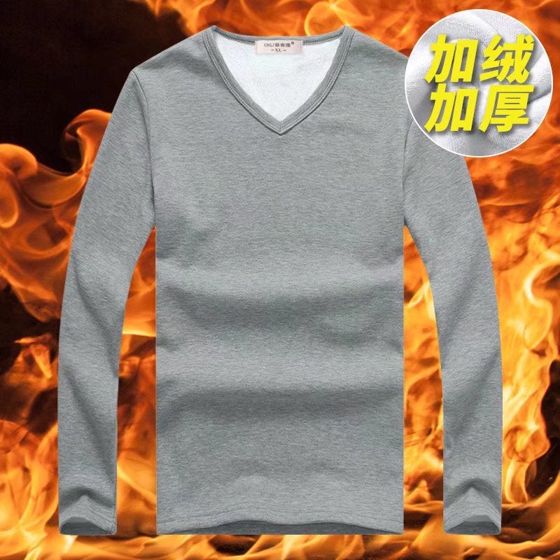 Mens Thickened Fleece Lined V-Neck T-Shirt Black V-neck  - Image 2