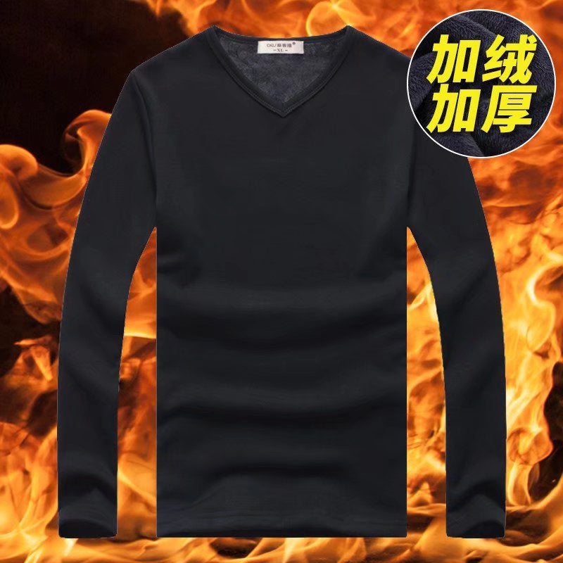Mens Thickened Fleece Lined V-Neck T-Shirt Black V-neck  - Image 1