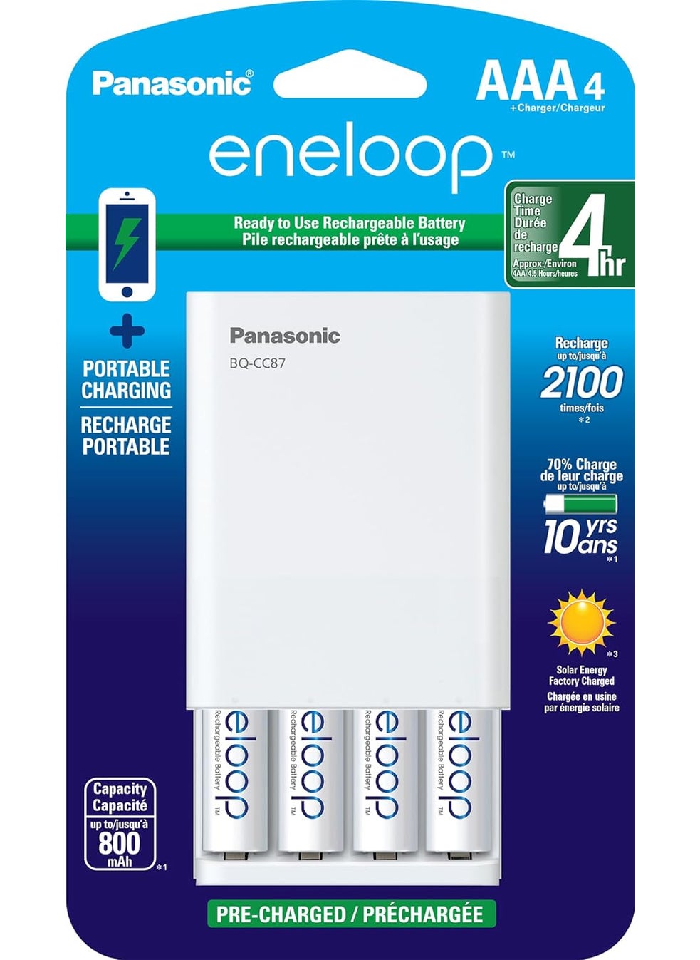 eneloop Panasonic KKJ87M3A4BA Individual Battery Charger with Portable Charging Technology and 4AAA eneloop Rechargeable Batteries  - Image 1
