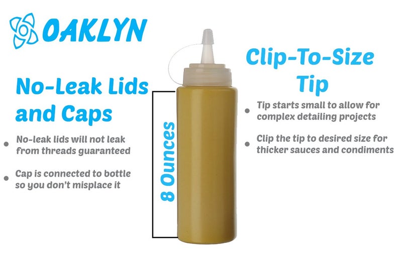 Oaklyn Squeeze Bottles 8oz 6 Pack - Reusable Condiment Bottles for Sauces Liquids BPA-Free Leak Proof Design, Easy to Clean Plastic Squeeze Bottles with Nozzle - Image 5