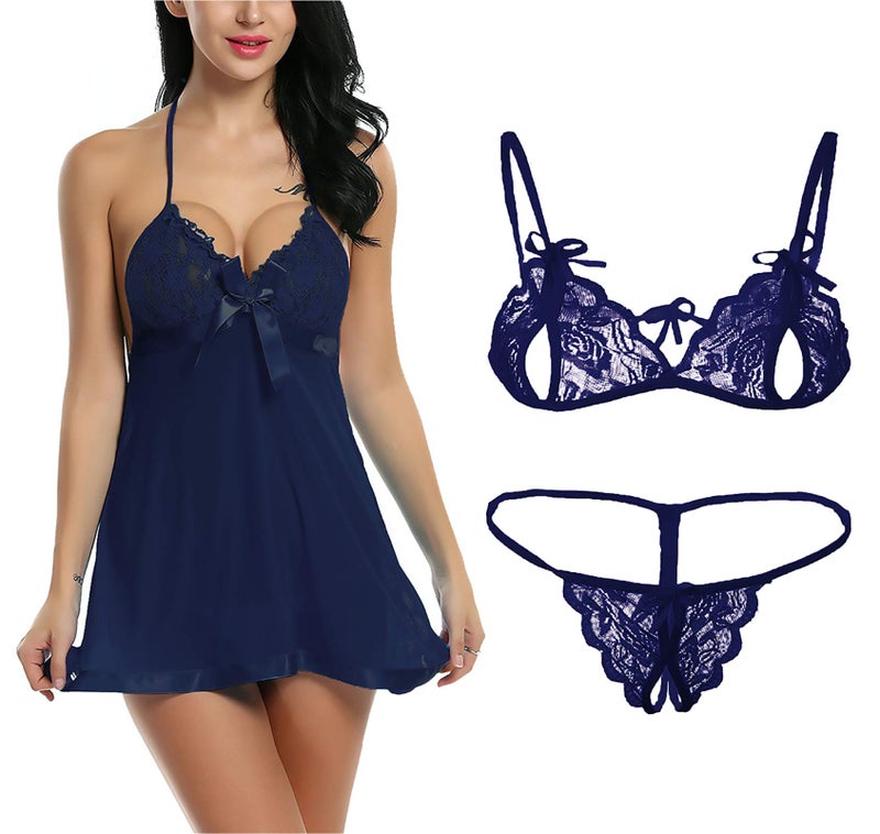 Xs and Os Combo Offer! Women Babydoll Nightwear Lace Bra G-String Panty Lingerie Set (Pack of 2 (Navy Blue), X-Large) - Image 1