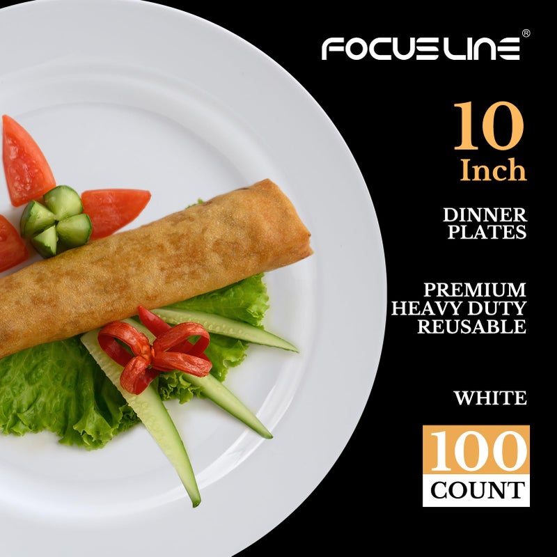 FOCUSLINE 100 Count White Plastic Plates 10 Inch, Disposable Heavy Duty Dinner Plates- Premium Hard Plastic Plates Fancy Disposable White Plates for Weddings, Parties and Events - Image 2