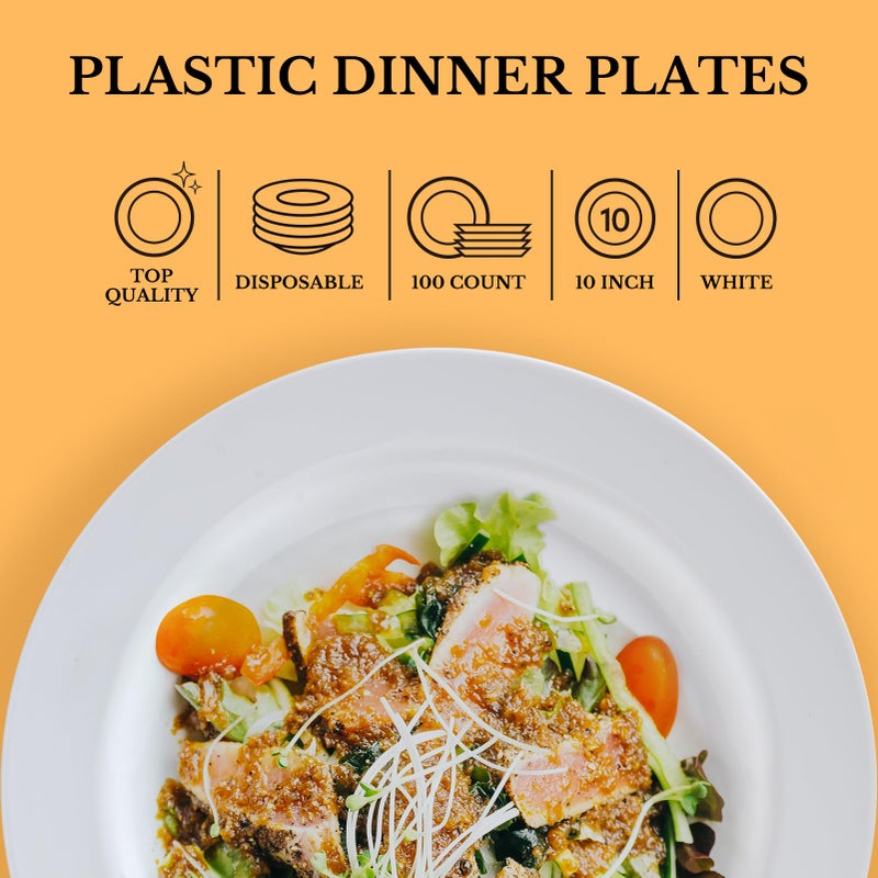 FOCUSLINE 100 Count White Plastic Plates 10 Inch, Disposable Heavy Duty Dinner Plates- Premium Hard Plastic Plates Fancy Disposable White Plates for Weddings, Parties and Events - Image 4