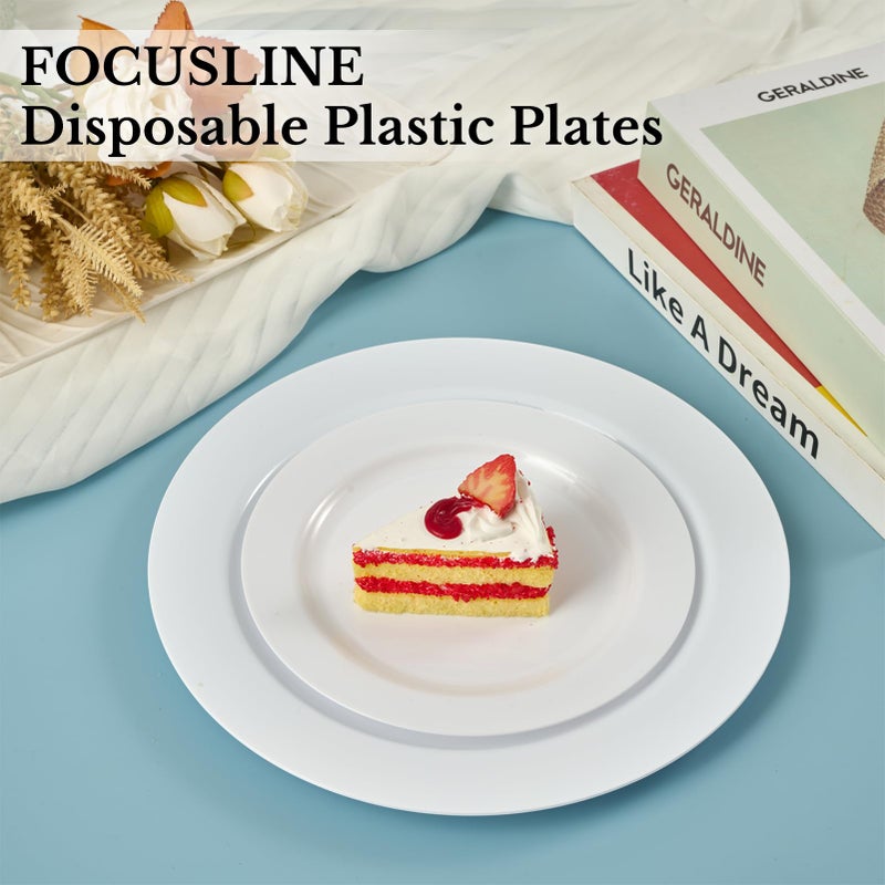 FOCUSLINE 100 Count White Plastic Plates 10 Inch, Disposable Heavy Duty Dinner Plates- Premium Hard Plastic Plates Fancy Disposable White Plates for Weddings, Parties and Events - Image 5