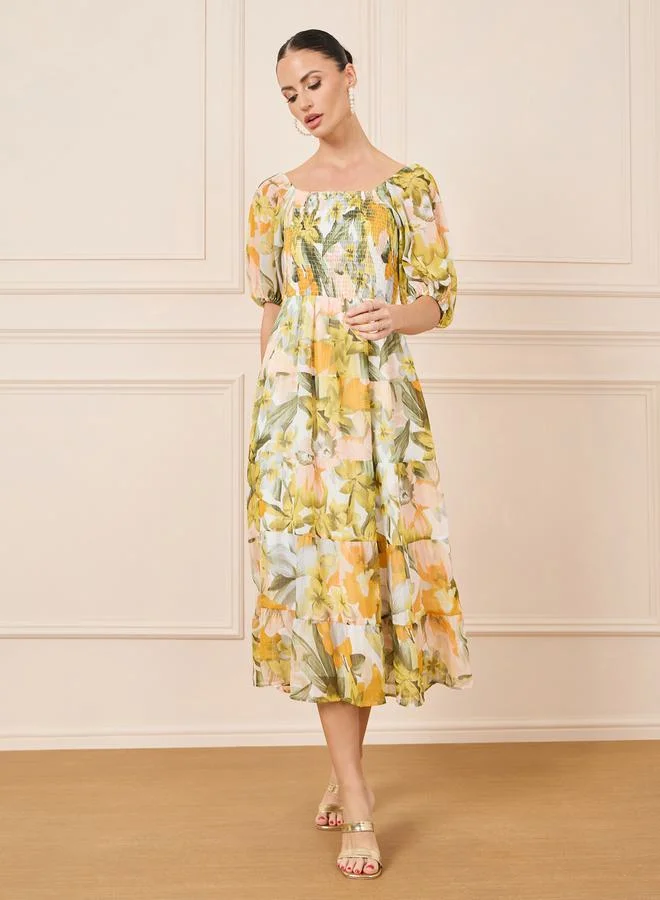 Styli Paisley Print Smocked Pleated Tiered Midi Dress