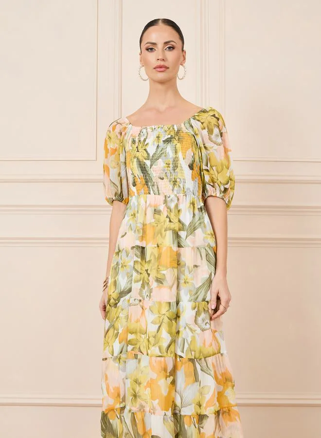 Styli Paisley Print Smocked Pleated Tiered Midi Dress