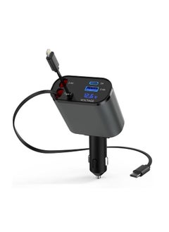 4-in-1 Retractable Car Charger with USB&Type-C&Lightning-Digital Display Cigarette Lighter Car Charger Adapter Supports PD Fast Charging/QC3.0/FCP-Compatible with iPhone,Huawei,Honor,Galaxy,Pixel