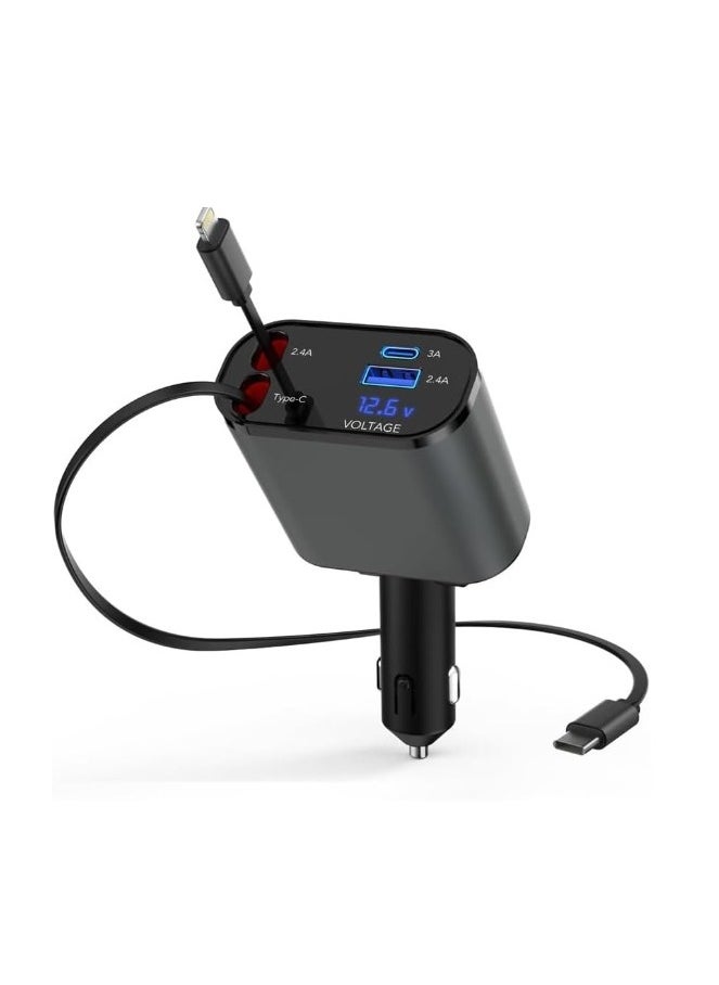 iSNUP - 4-in-1 Retractable Car Charger with USB&Type-C&Lightning-Digital Display Cigarette Lighter Car Charger Adapter Supports PD Fast Charging/QC3.0/FCP-Compatible with iPhone,Huawei,Honor,Galaxy,Pixel - Image 1