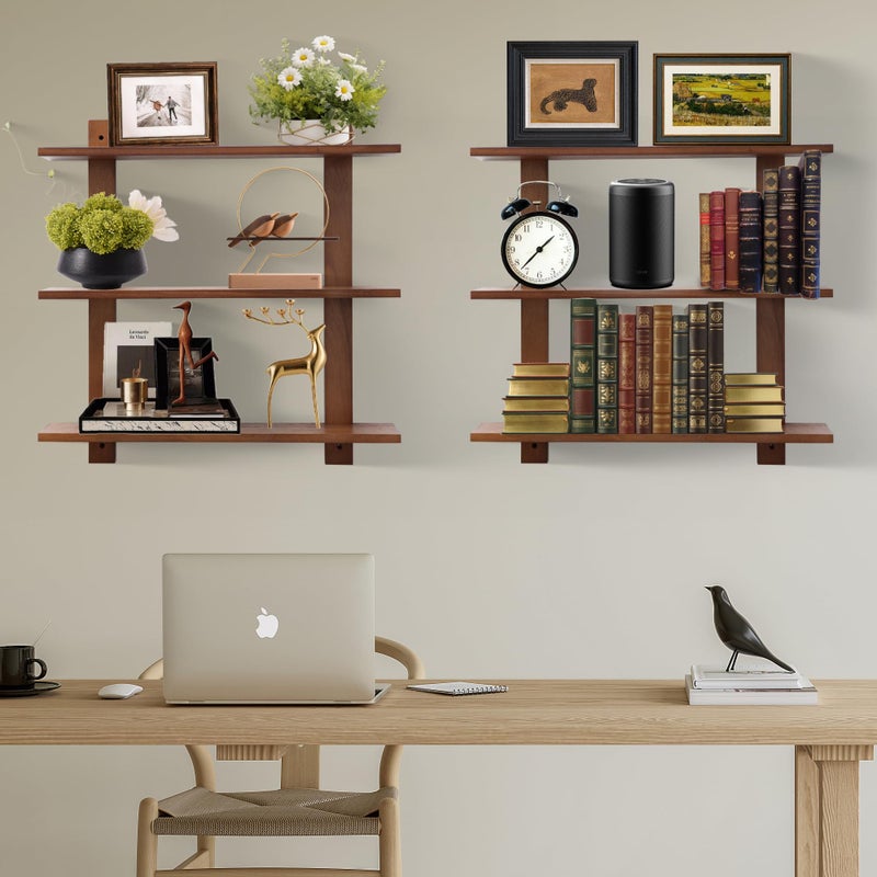 PHOENANCEE 3 Tier Floating Shelves,Long Wall Shelf,Over The Toilet Shelves Bathroom Hanging Display Storage Rustic for Living Room Bedroom Kitchen Office Coffee Bar Decor Decorative,24 Inch,2 Pack (Walnut) - Image 4