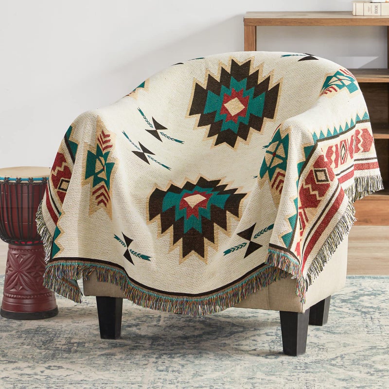 Touchat Native American Blanket Western Decor Boho Throw Blanket for Sofa Mexican Decorative Farmhouse Blanket Southwest Decor Woven Blankets Aztec Throw Blankets with TasselBeige5060 inch