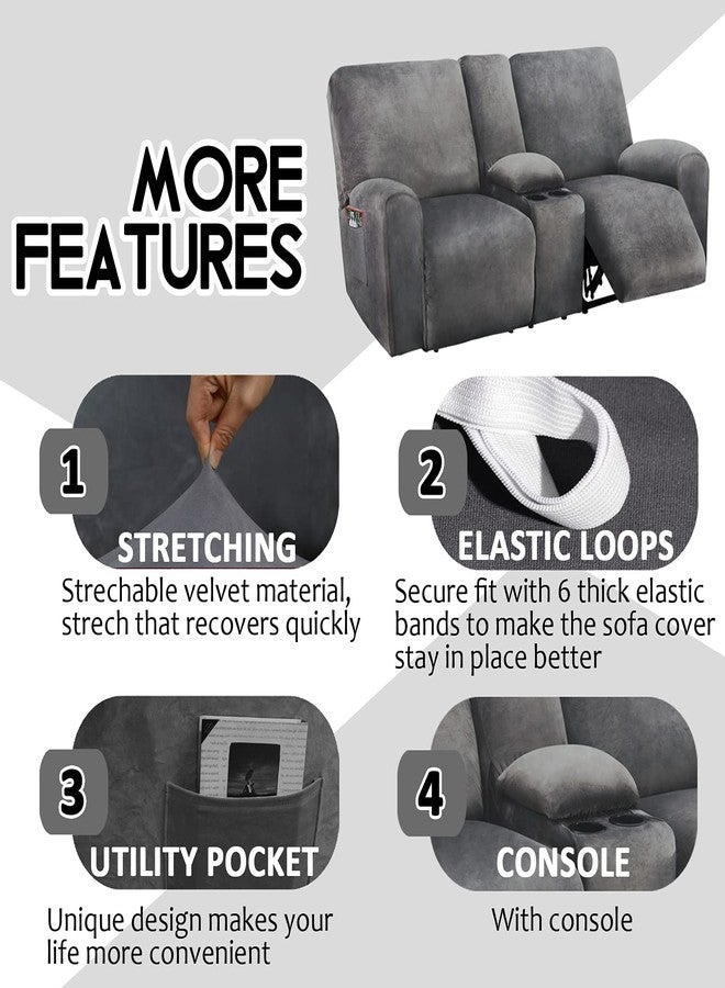 ULTICOR Reclining Loveseat with Middle Console Slipcover, 8-Piece Velvet Stretch Sofa Covers, 2 seat Loveseat Recliner Cover, Thick, Soft, Washable(Dark Grey) - Image 5