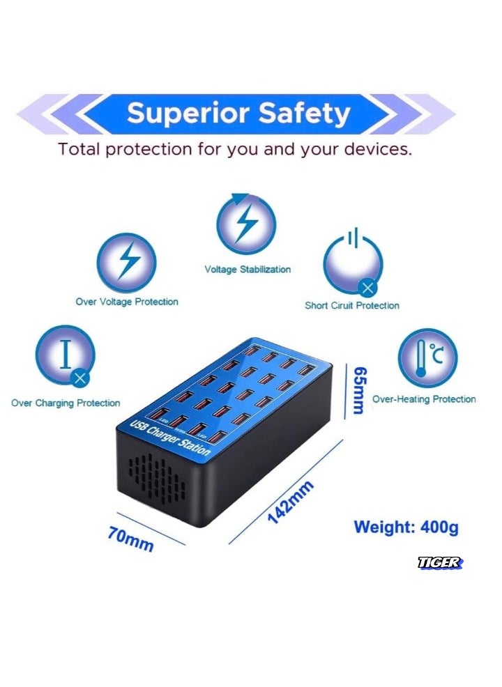 TIGER 20-Port Multi USB Charger, 100W Charging Station with Smart Detection – High-Speed Charging Hub for Smartphones, Tablets, Laptops, & USB Devices – Compact, Efficient & Space-Saving Solution for Home, Office & Travel  - Image 2