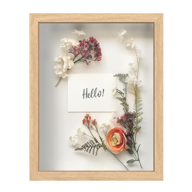 FrameWorks 11 x 14 Natural Oak Wooden Shadow Box Frame  Display Case with Soft Felt Back Memory Box with Tempered Glass Display Box with Elegant White Ball Push Pins Wooden Flower Box