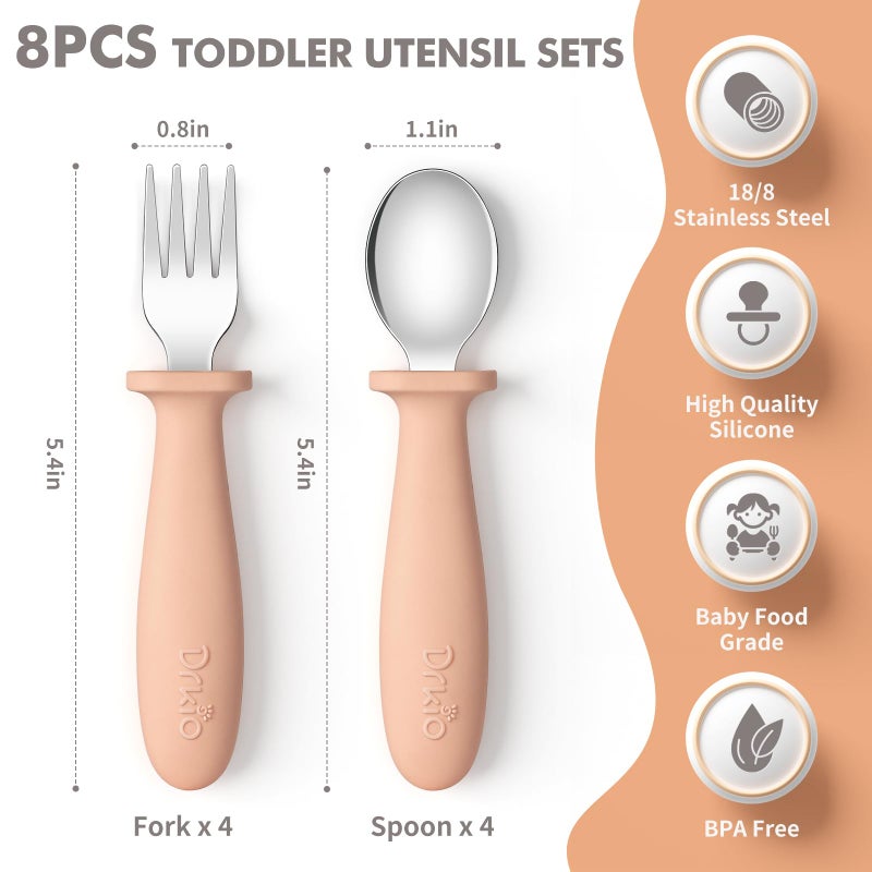 DRKIO 8 Pieces Toddler Utensils Set - Kids Silverware Set with Silicone Handle Children Safe 18/8 Stainless Steel Forks and Spoons Anti-Choke Design Food Grade Dishwasher Safe - Image 2