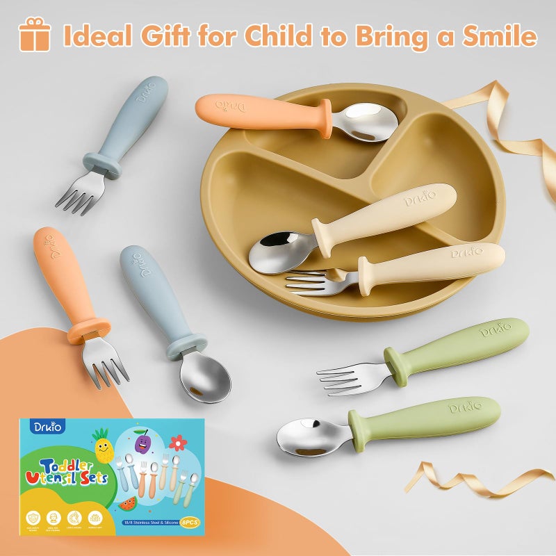 DRKIO 8 Pieces Toddler Utensils Set - Kids Silverware Set with Silicone Handle Children Safe 18/8 Stainless Steel Forks and Spoons Anti-Choke Design Food Grade Dishwasher Safe - Image 5