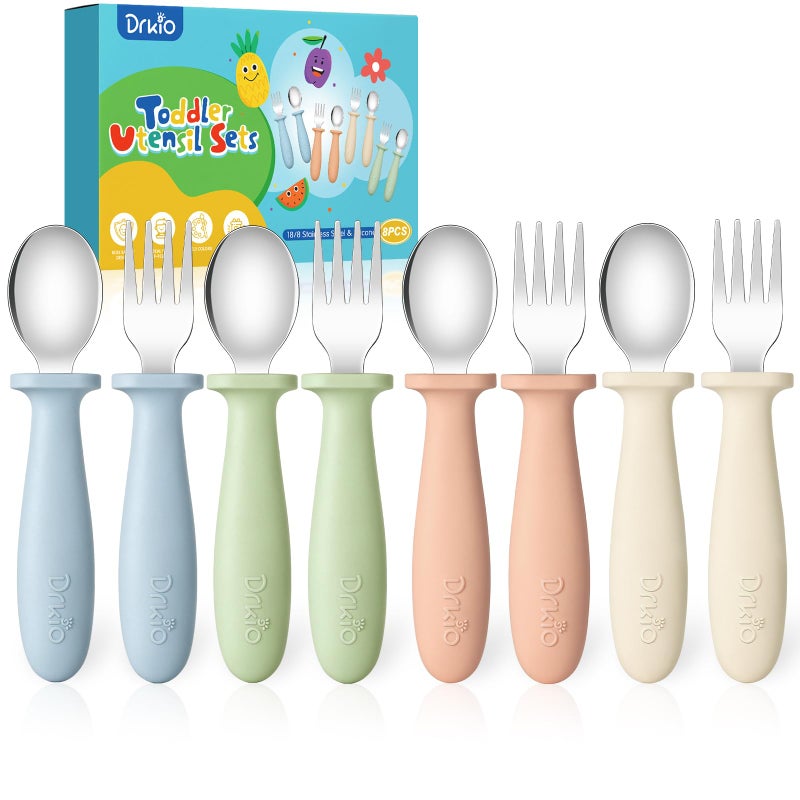 DRKIO 8 Pieces Toddler Utensils Set - Kids Silverware Set with Silicone Handle Children Safe 18/8 Stainless Steel Forks and Spoons Anti-Choke Design Food Grade Dishwasher Safe - Image 1