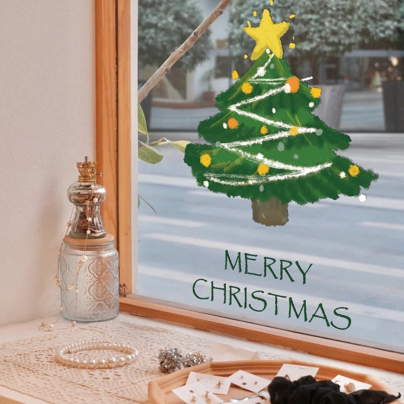 2026 New Year And Christmas Decorative Glass Stickers Cartoon Christmas Tree Abstract Electrostatic Stickers Window Stickers Door Stickers Window Stickers - Image 2