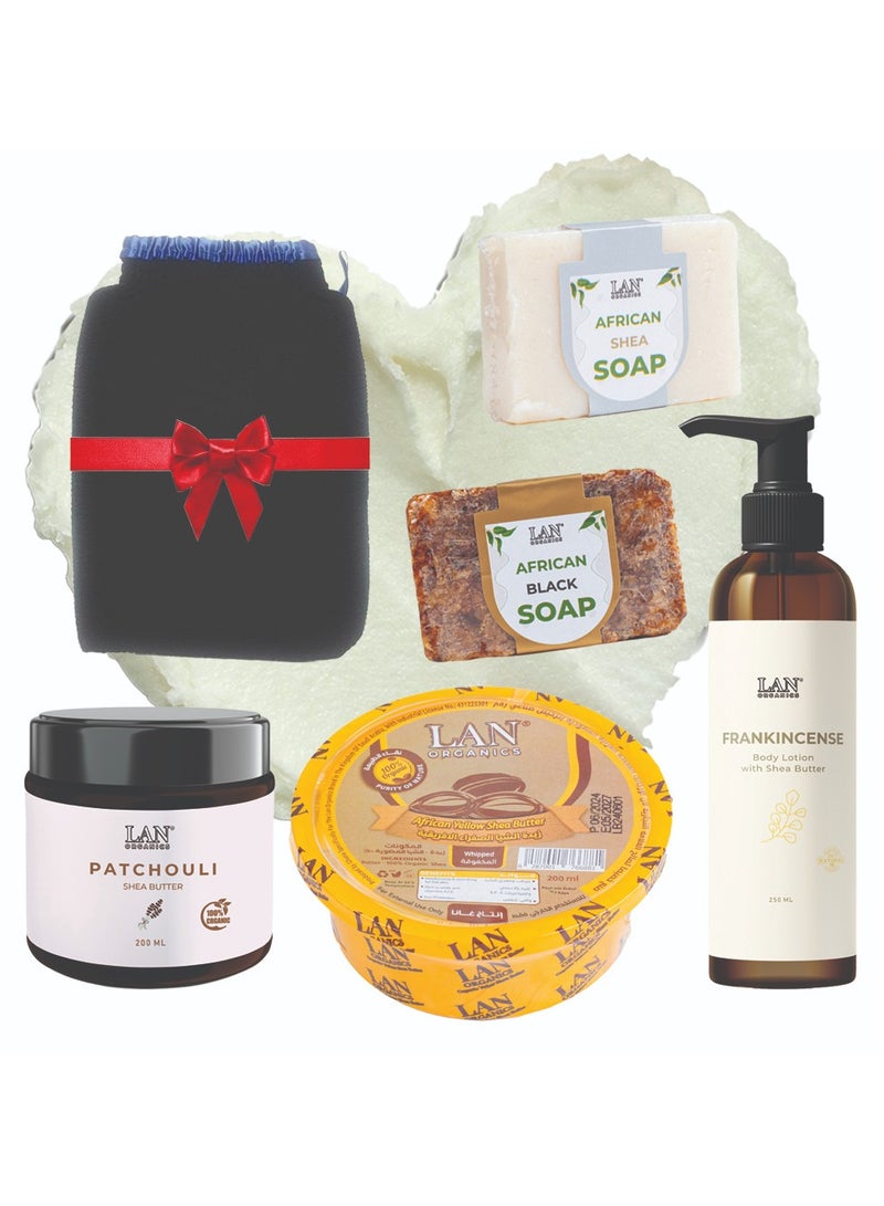لان اورجنيك مجموعة زبدة الشياء الصفراء 200مل ولوشن اللبان 250مل وزبدة الشياء بخلاصة الباتشولي 200مل وصابون زبدة الشياء 120جرام وصابون افريقي اسود 120جرام وهدية ليفة مغربي - Image 1