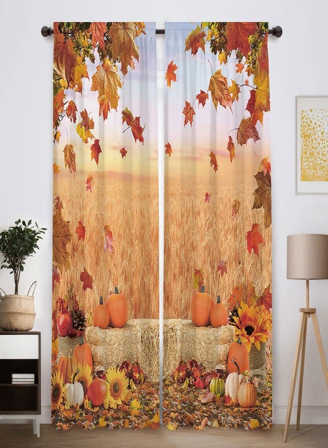 Funnytree Autumn Scenery Window Curtain Fall Landscape Field Pumpkin Print Curtains Home Decor Rod Pocket Darkening Drapes for Bedroom Living Room 82 in x 84 in - Image 1