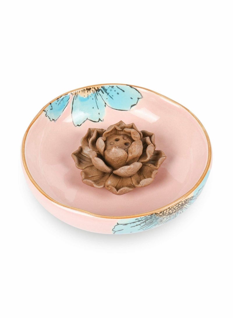 Captaintech Incense Burner Holder, 3 Holes Ceramic Incense Holder, Ash Catcher Tray Round Bowl Aromatherapy Ornament Incense Sticks Holder (Pink Tray with Flower) - Image 1